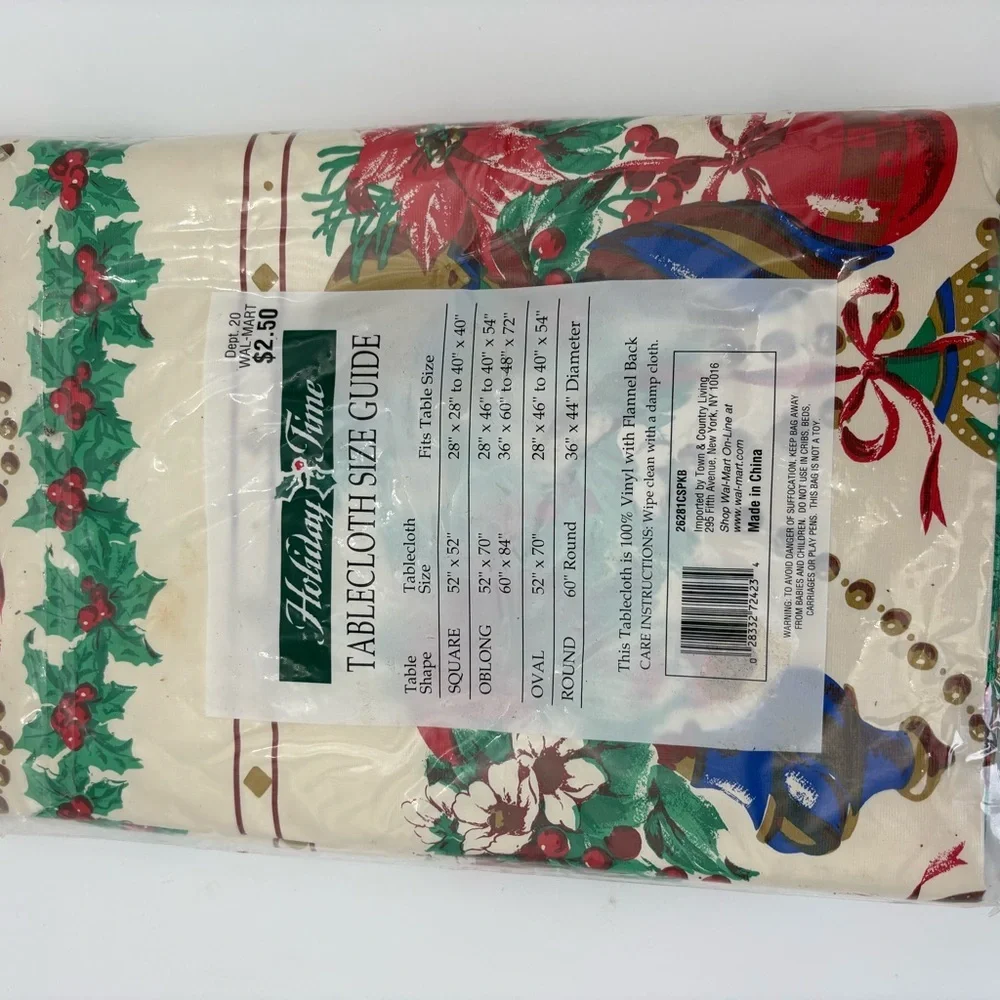 New Old Stock Vintage Holiday Time Poinsettia and Holly Flannel-Back Tablecloth